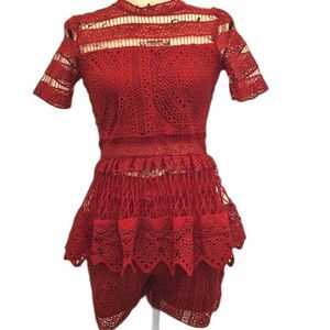 Mango Suit Two Piece Shorts Top Set S Red Lace Open Crochet Flare Scallop Waist